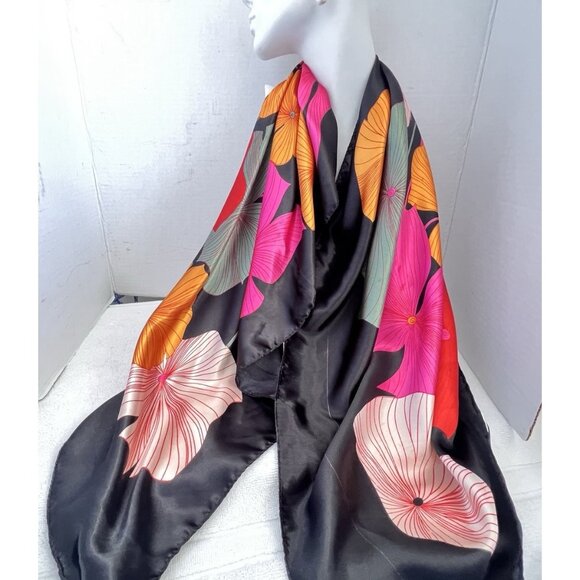 Botanical Silk-Feel Scarf Vibrant Floral 34” Square Elegant - Picture 11 of 11